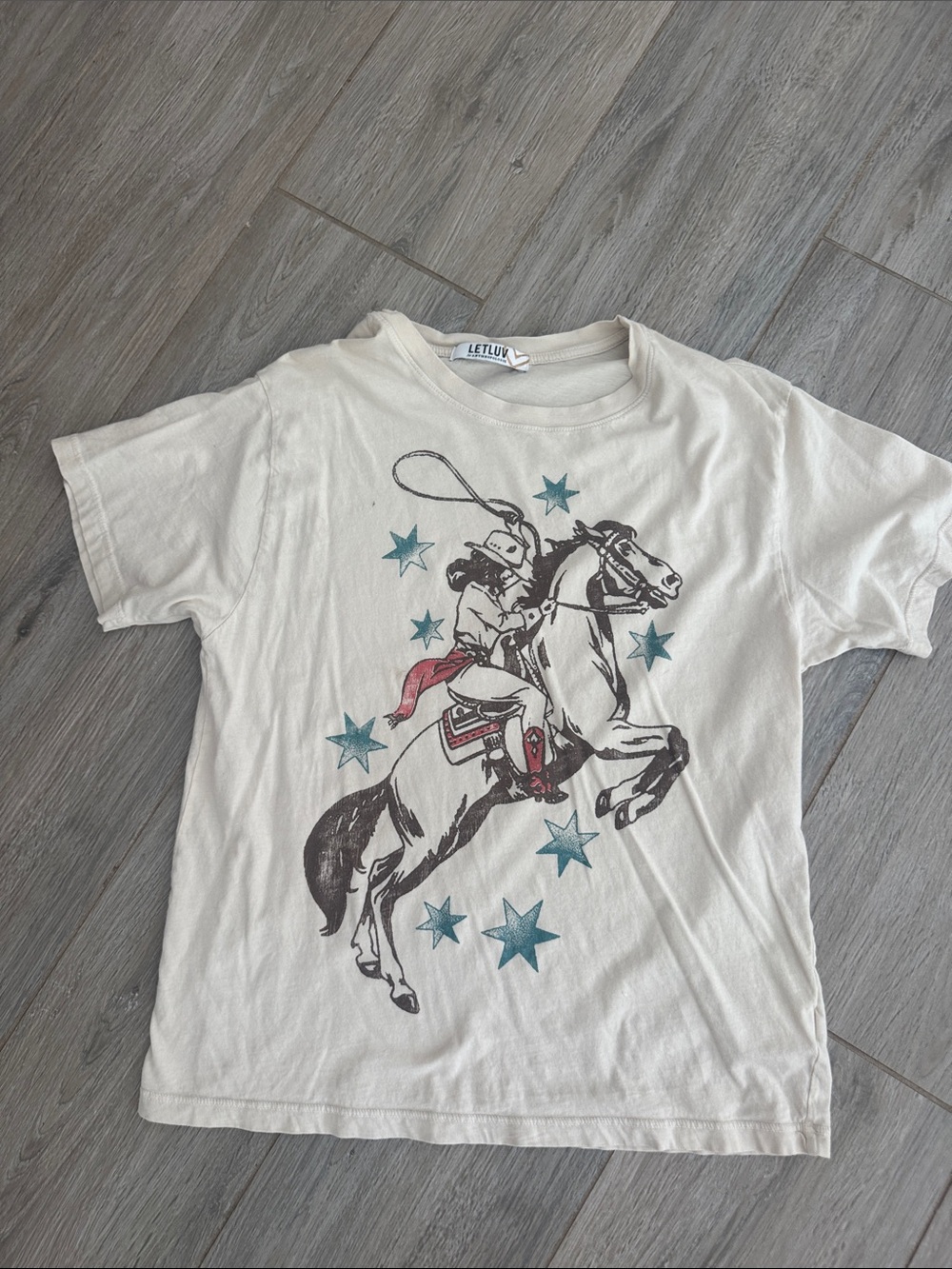 Anthropologie Cream Graphic Cowboy Horse Tee with Teal Stars